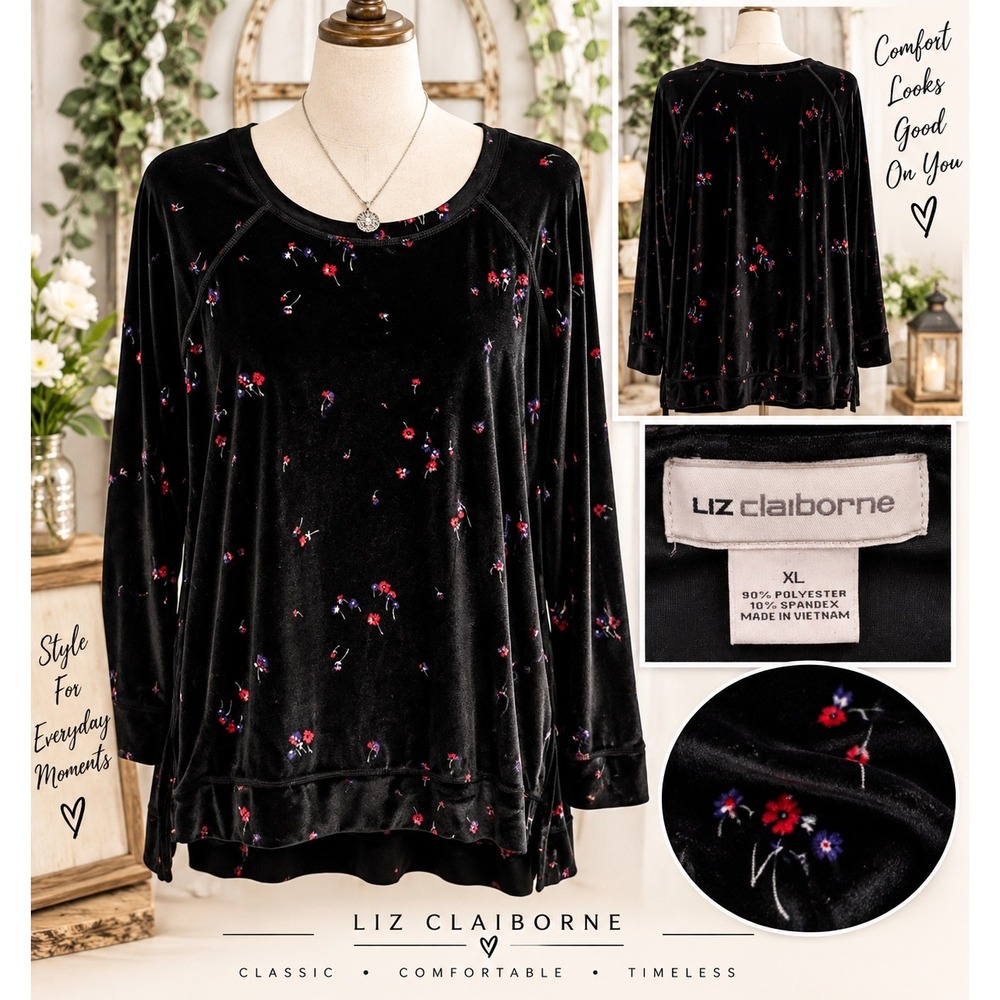 Liz Claiborne Womens Black Floral Velvet Sweatshirt Top XL Long Sleeve Raglan